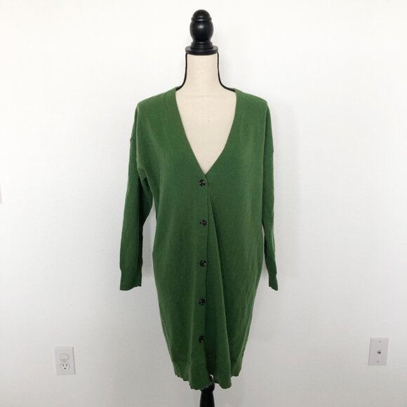 ANN TAYLOR Green Wool Cardigan Duster Boyfriend Sweater Womens Large Petite - Picture 1 of 9